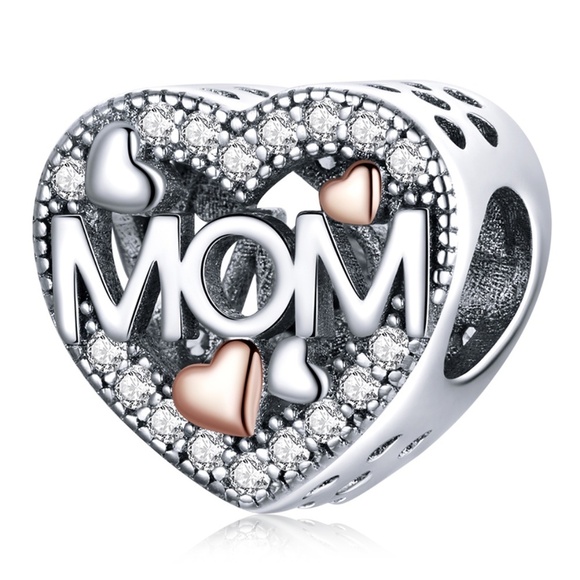 Rose Gold Cubic Zirconia & Sterling Silver "Mom" Charm - Picture 1 of 1